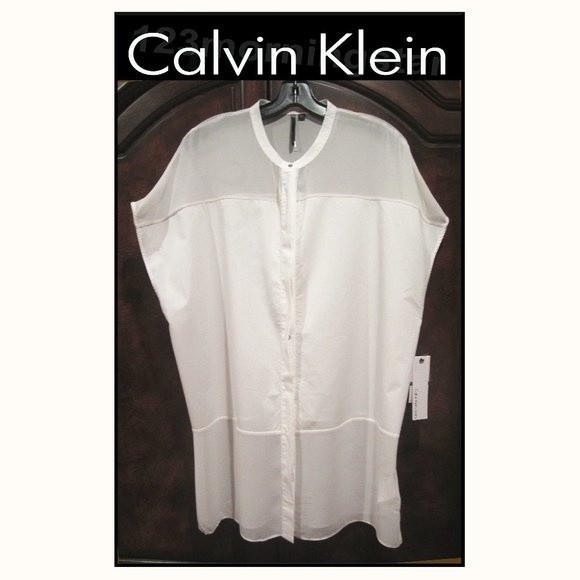 Calvin Klein Jeans NEW Soft Girl Semi-Sheer Panels Mandarin Collar Blouse L - Picture 1 of 11